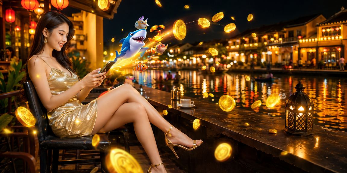 Người chơi bắn cá tại quán cà phê Hội An buổi tối