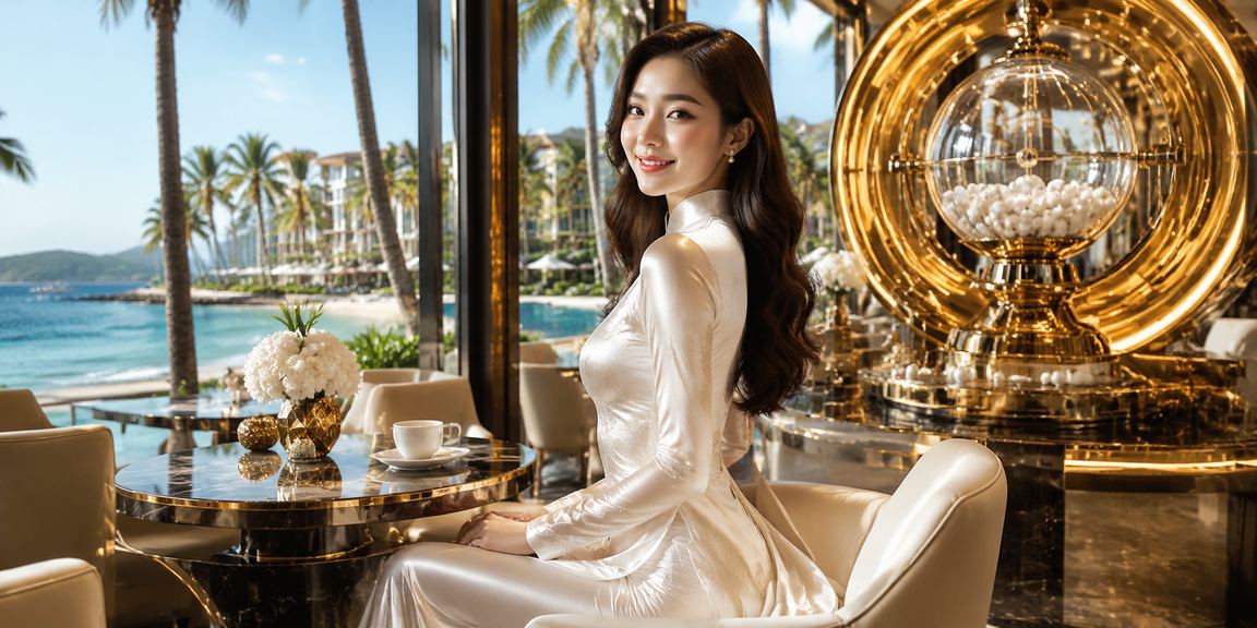 Phụ nữ áo dài Phú Quốc bên điện thoại xem kèo và xổ số trực tuyến